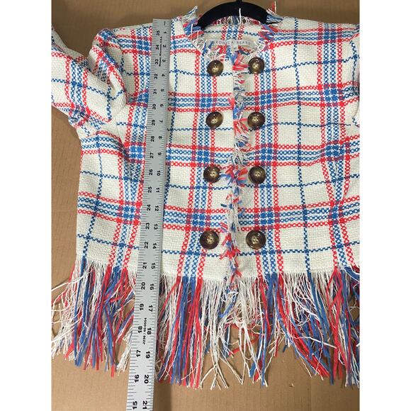 VERONICA BEARD BLAZER JACKET PLAID DOUBLE BREASTED FRINGE WHITE BLUE RED MARLTON - Picture 14 of 15